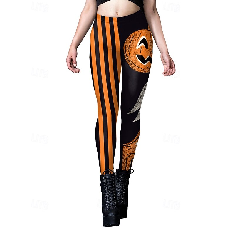 Women's Slacks Leggings Streetwear Casual Full Length NaturalPantsHalloween Striped Elastic Waist Comfortable Street Holiday Weekend Orange red Black Light Orange Fall Regular Fit2