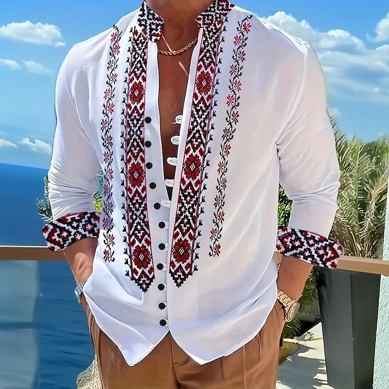 Men's Geometric Ethnic Indian Culture Shirt Stand Collar Shirt Long Sleeve Vintage Retro Vacation Daily Wear Going out Spring Fall Mandarin Collar Band Collar Button-Down Linen Like Shirt White 1