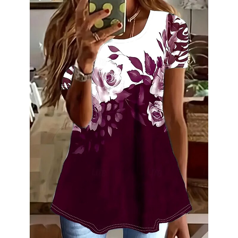 Women's T Shirt Floral Graphic Plants Vintage Stylish Classic Short Sleeve Crew Neck Round Neck Regular Tops Daily Weekend Print Army Green Navy Blue Fuchsia Summer Spring Fall4