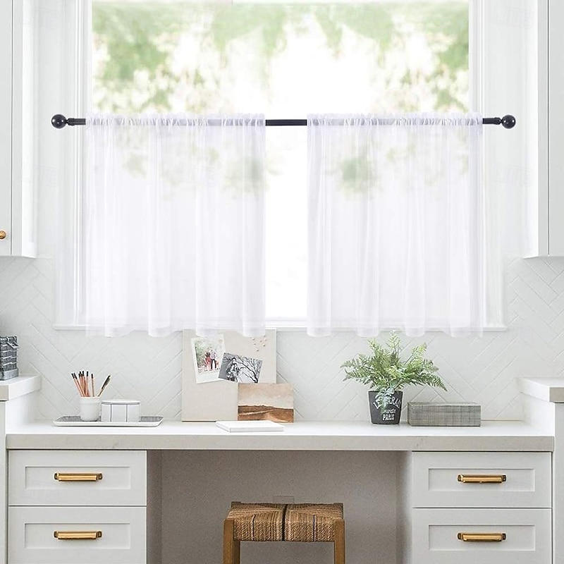 Kitchen Curtain Solid Color Polyester Short Curtains  Living Room, Bedroom, Kitchen Counter Divider, Sheer Privacy Drapes