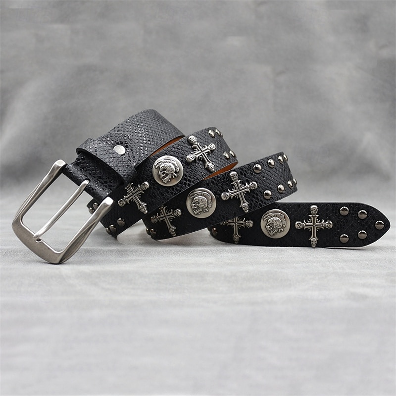 Men's Belt Waist Belt Silver Black PU Leather Alloy Vintage Durable Adjustable Cross Skulls Outdoor Daily3