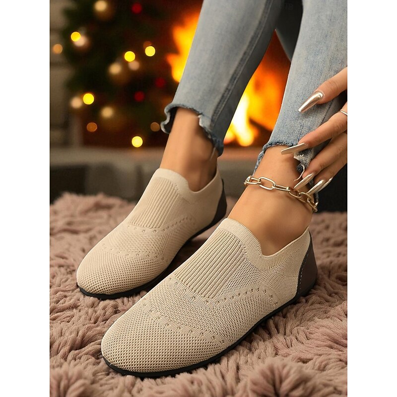 Women's Khaki Slip-On Shoes with Perforated Design – Flexible Casual Flats for Perfect for Walks, Casual Outings and Picnics