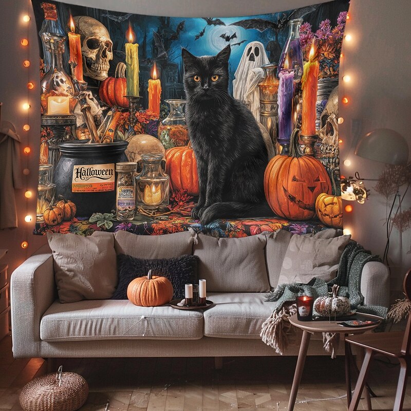 Halloween Hanging Tapestry Black Cat Photograph Backdrop Jack O Lantern Wall Art Large Tapestry Mural Decor Blanket Curtain Home Bedroom Living Room Decoration Death Selfie3