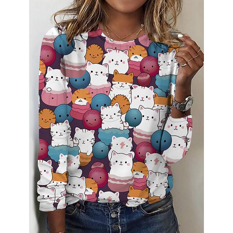 Women's T shirt Long Sleeve Crew Neck Long Sleeve Tunic Graphic Animal Vintage Stylish Modern Regular Tops Daily Print White Yellow Rainbow Fall Prefall3