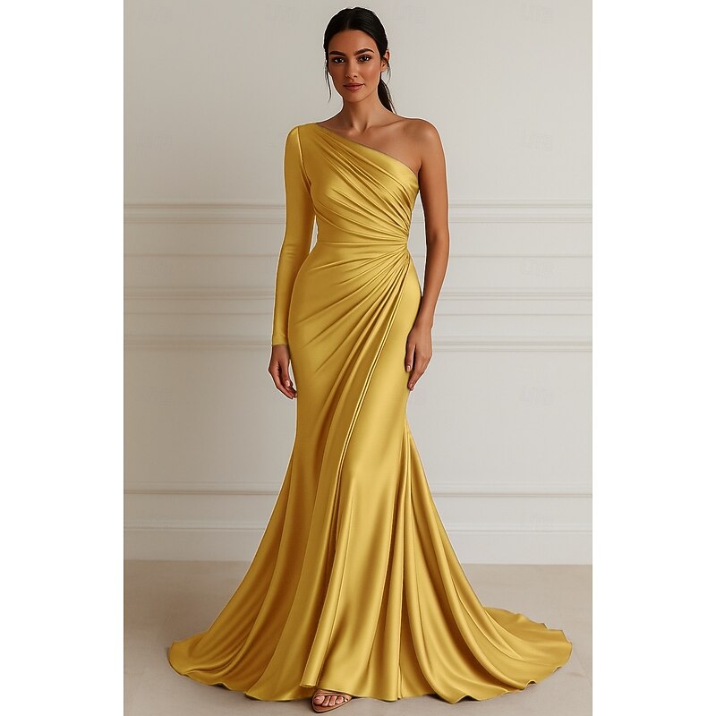 Mermaid / Trumpet Evening Gown Elegant Dress Formal Wedding Floor Length Long Sleeve One ShoulderDress Stretch Satin with Pleats3