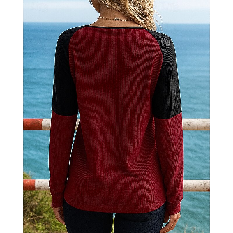 Women's Trackshirt Casual Tops Waffle Colorblocking Long Sleeve Top Athleisure Patchwork Breathable Hiking Workout Athletic Sportswear Activewear Burgundy Khaki2