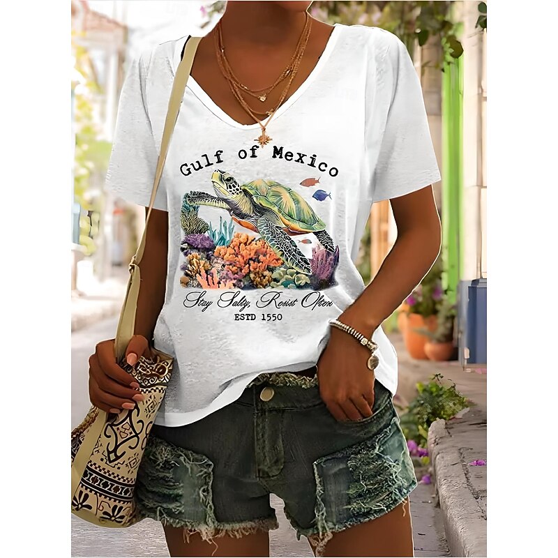Women's T Shirt Graphic Animal Letter Vintage Stylish Classic Short Sleeve V Neck Regular Tops Daily Print Black White Blue Green Gray Summer Spring