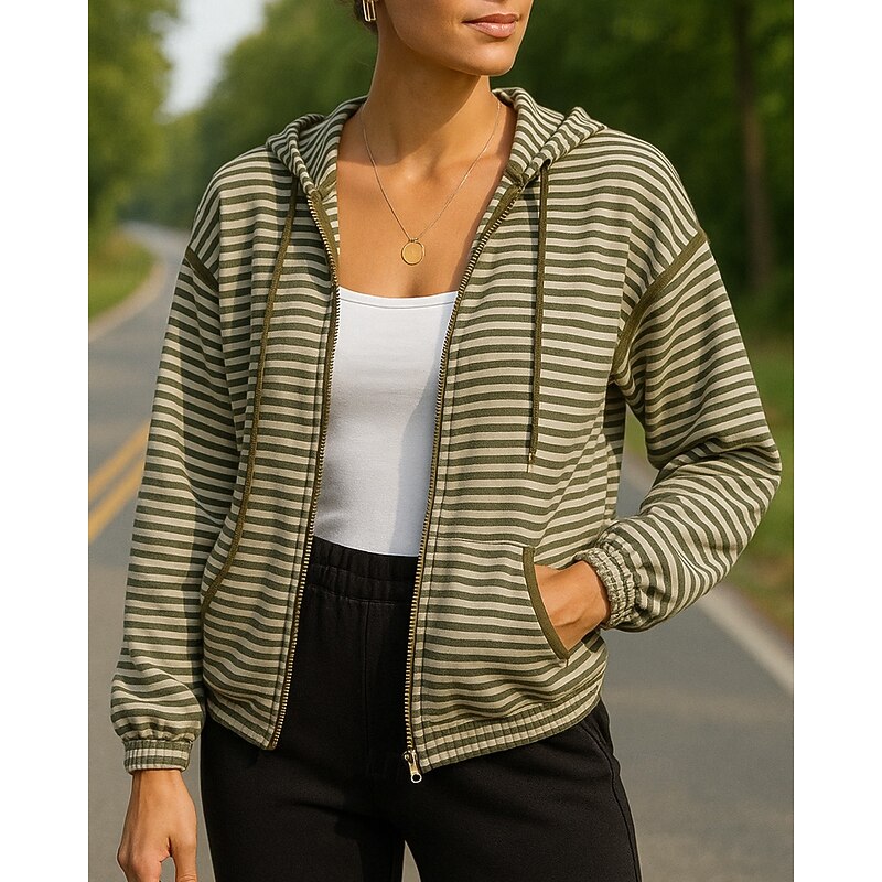 Women's Hoodie Casual Jackets Drawstring Pocket Long Sleeve Top Athleisure Fall Striped Sun Protection Windproof Outdoor Running Sportswear Activewear Green