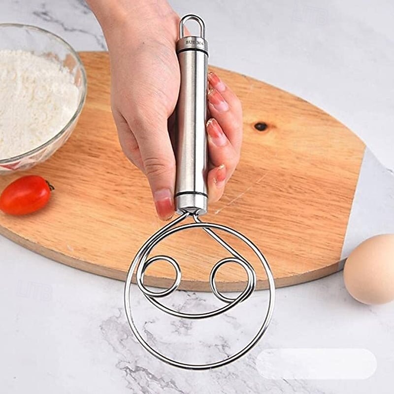 Stainless Steel Magic Dough Whisk Double Loop Mixer, Handheld Flour Dough Mixing Tool, Manual Egg Beater and Bread Batter Stirrer for Baking, Kitchen Utensil for Pastry and Pizza Dough2