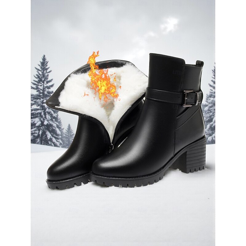 Women's Black Leather Ankle Boots - Warm Fur Lined Mid Heel Winter Booties with Side Zipper and Buckle for Cold Weather, Work & Outdoor Wear