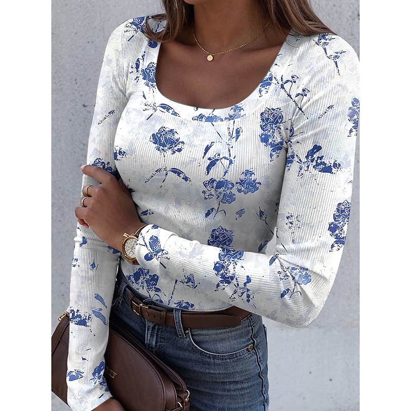 Women's T shirt Long Sleeve Ribbed Graphic Square Neck Long Sleeve Casual Floral Regular Tops Daily Print Red Blue Purple Green Spring Fall Prefall