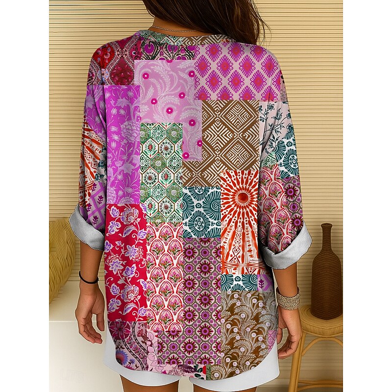 Women's Blouse Tunic V Neck Long Sleeve Boho Casual Graphic Geometric Color Block Elegant Bohemia Vintage Regular Tops Daily Wear Print Yellow Red Blue Purple Green2