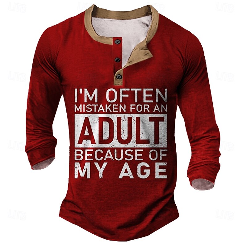 Men's Funny Henley 3/4 Sleeve Graphic T-Shirt with 'Mistaken for Adult' Quote3