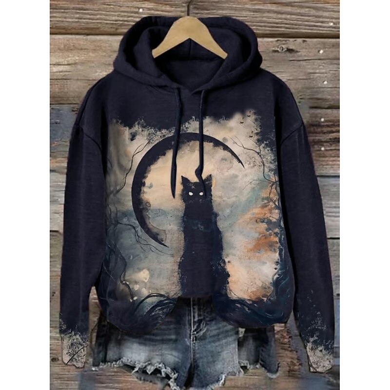 Halloween Women's Hoodie Pullover Sweatshirt Oversized Long Sleeve Casual Black Cat Graphic Cat Fashion Print Hooded Street Dailywear Drawstring Print Black Orange Dark Blue Gray Fall Winter4