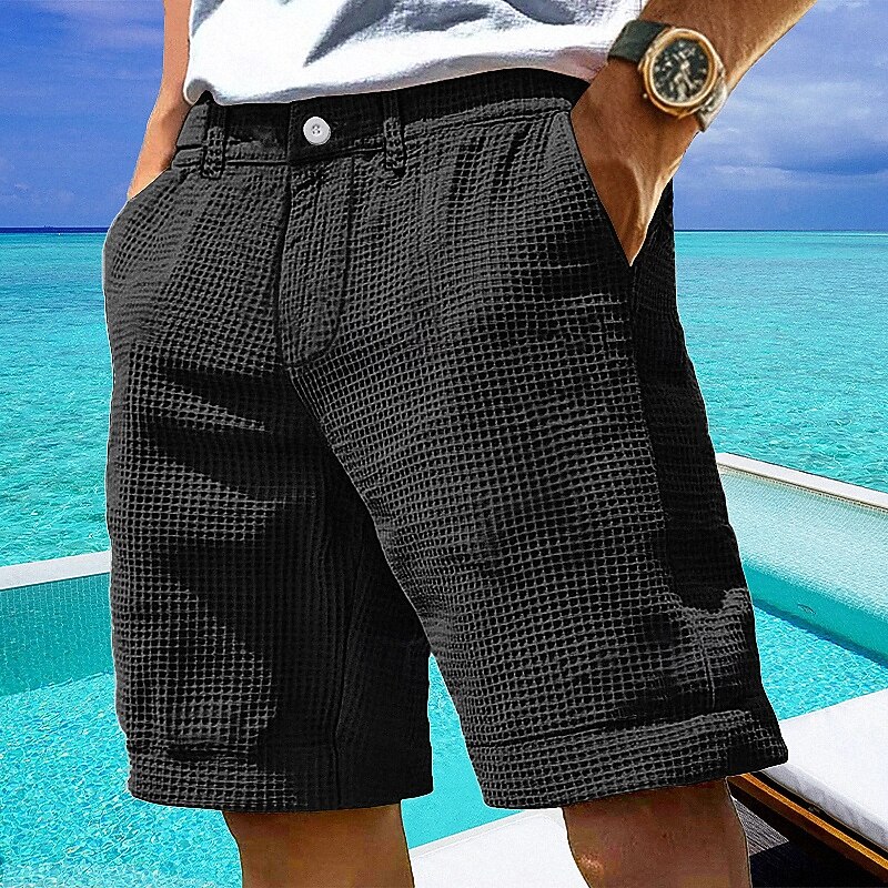 Men's Waffle Shorts Shorts Summer Shorts Casual Shorts Pocket Buttons Plain Comfort Breathable Short Outdoor Vacation Sport Casual Black White3