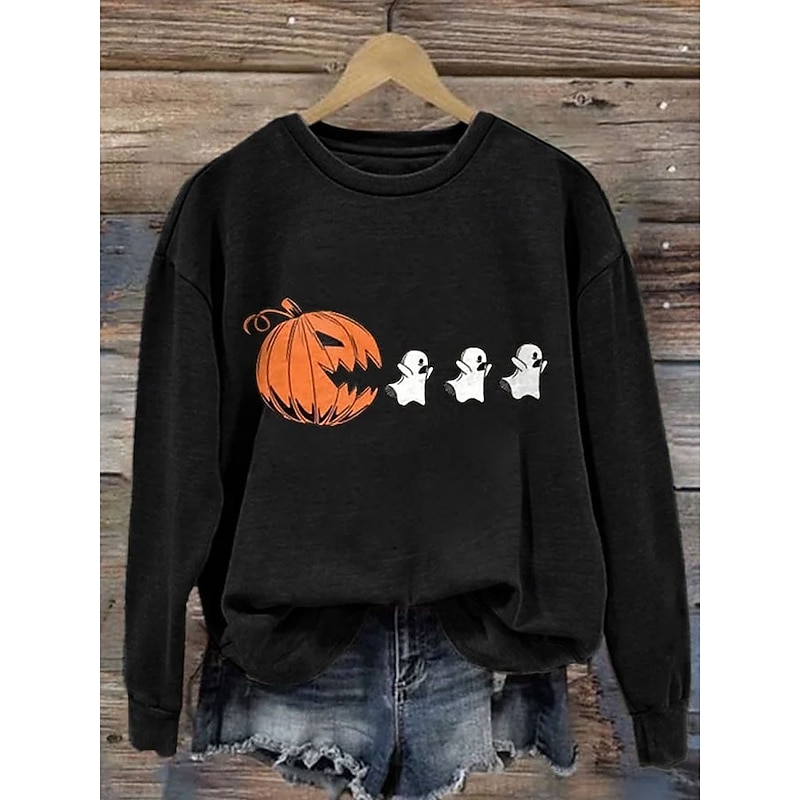 Halloween Women's Sweatshirts Pumpkin Graphic Casual Long Sleeve Crew Neck Regular Tops Street Dailywear Casual Print Black White Green Fall Winter