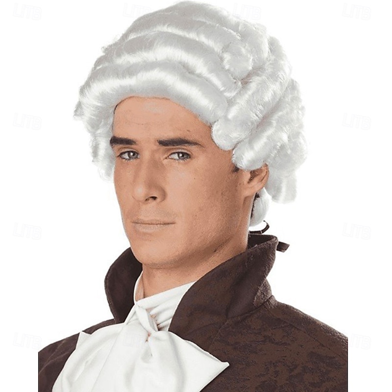 Men's White Colonial Costume Wig – Synthetic Wig for Halloween, Historical Cosplay & Themed Parties