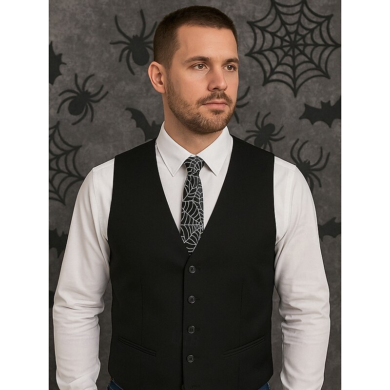 Men's Halloween Spider Web Print Necktie – Black and White Satin Slim Tie, Stylish Party Accessory for Cosplay, Formal Events and Office Halloween Outfits4