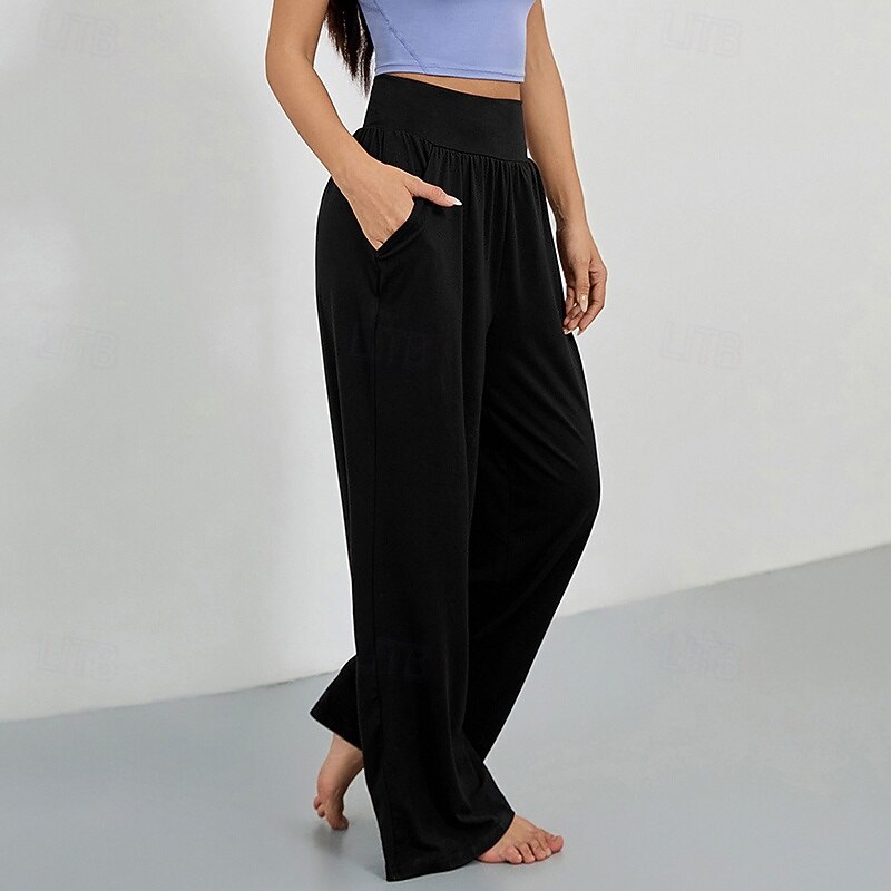 Women's Wide Leg Pants Yoga Pants with Pockets Tummy Control High Waist Gym Volleyball Workout Bottoms Solid Color Dark Grey Black Army Green Sports Activewear4