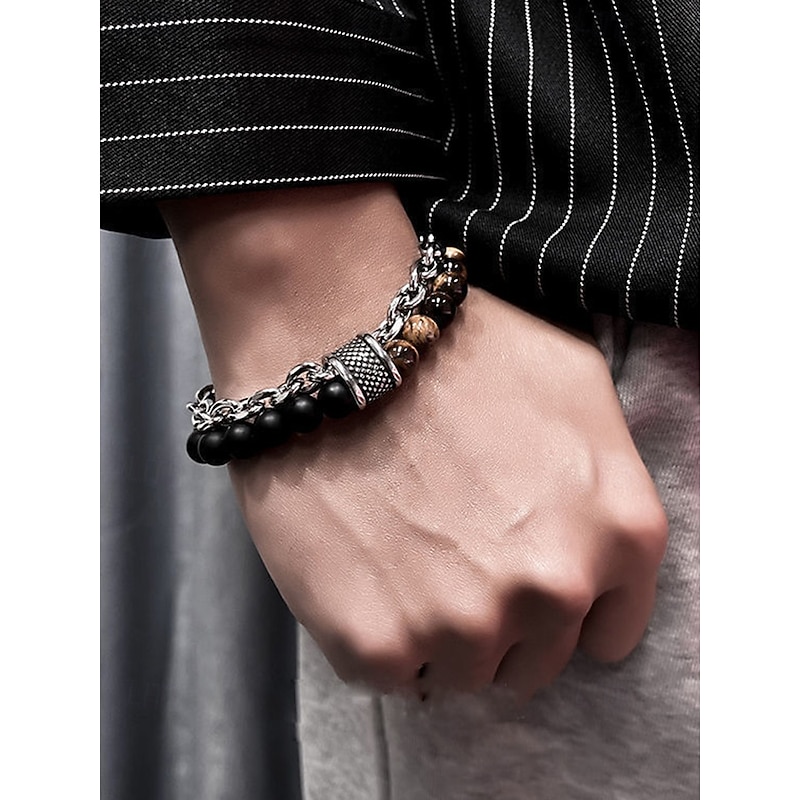 Men's Natural Stone Beaded Chain Bracelet – Dual-Strand Adjustable Wristband with Toggle Clasp for Casual, Streetwear and Party Fashion4
