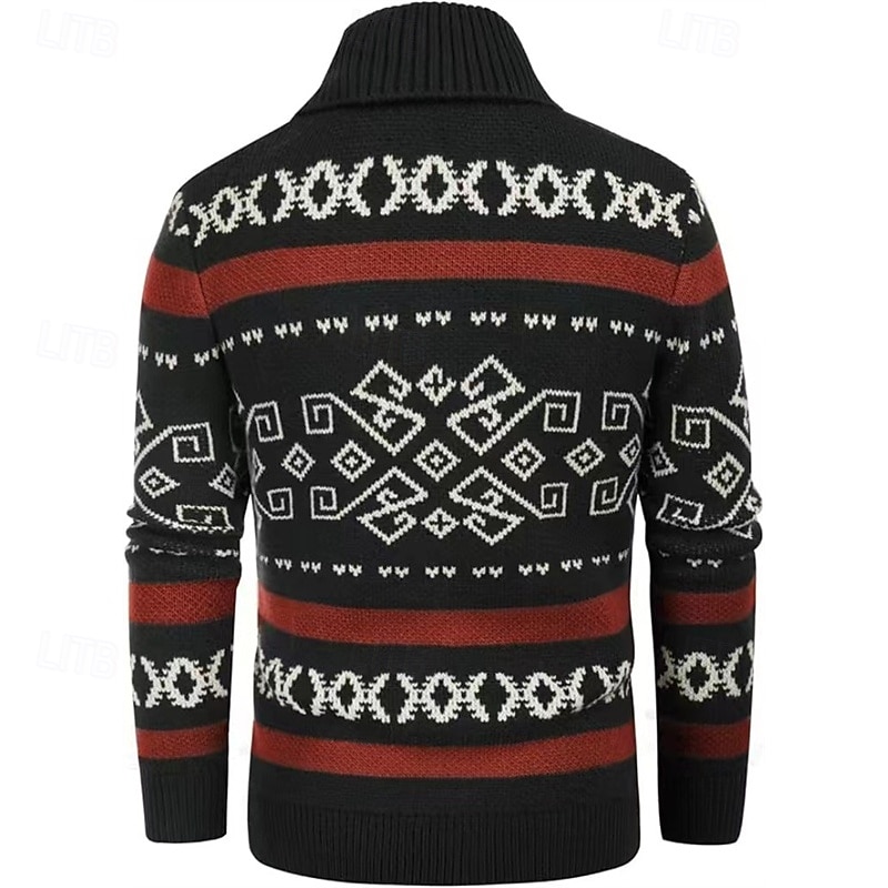 Men's Cardigan Sweater Cropped  Sweater Zip Sweater Knit Sweater Ribbed Knit Regular Tops Zipper Argyle Lapel Fashion Classic Vacation Daily Wear Clothing Apparel Fall Winter Black Red S M L3