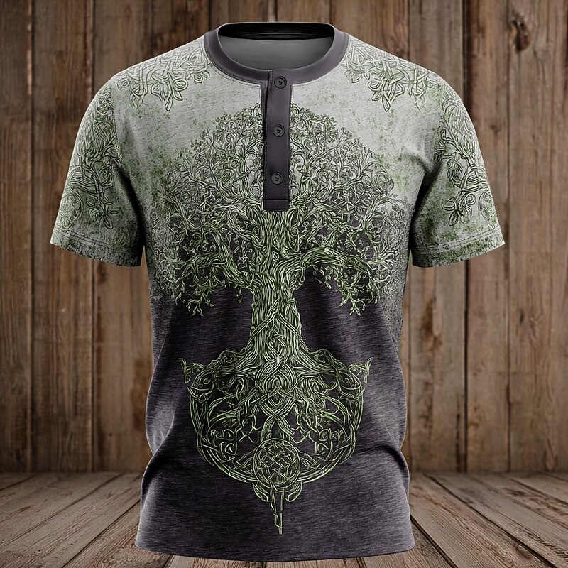 Men's Graphic Tree T Shirt Henley Shirt Short Sleeve Viking Designer Retro Vintage Street Casual Daily Summer Spring All Seasons Blue Green khaki Grey Henley Henley T-Shirt3
