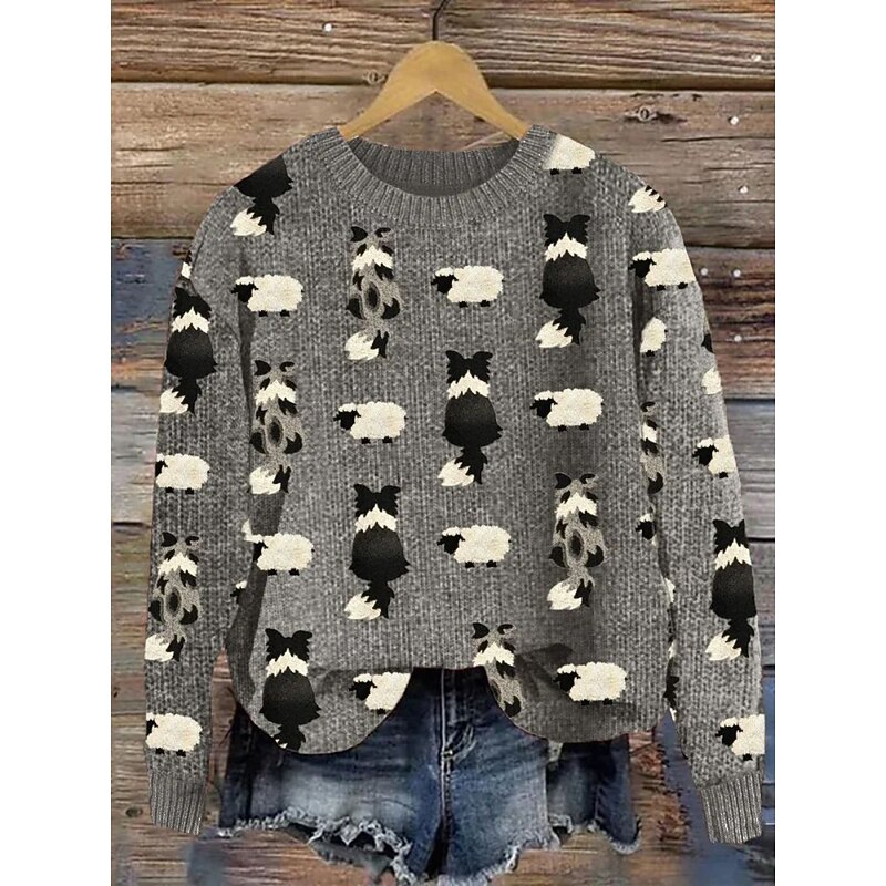 Women's Sweater Casual Soft Animal Ribbed Crew Neck Knitted Print Long Sleeve Regular Tops Knit Outdoor Daily Weekend Dark Green Green Fall Winter4