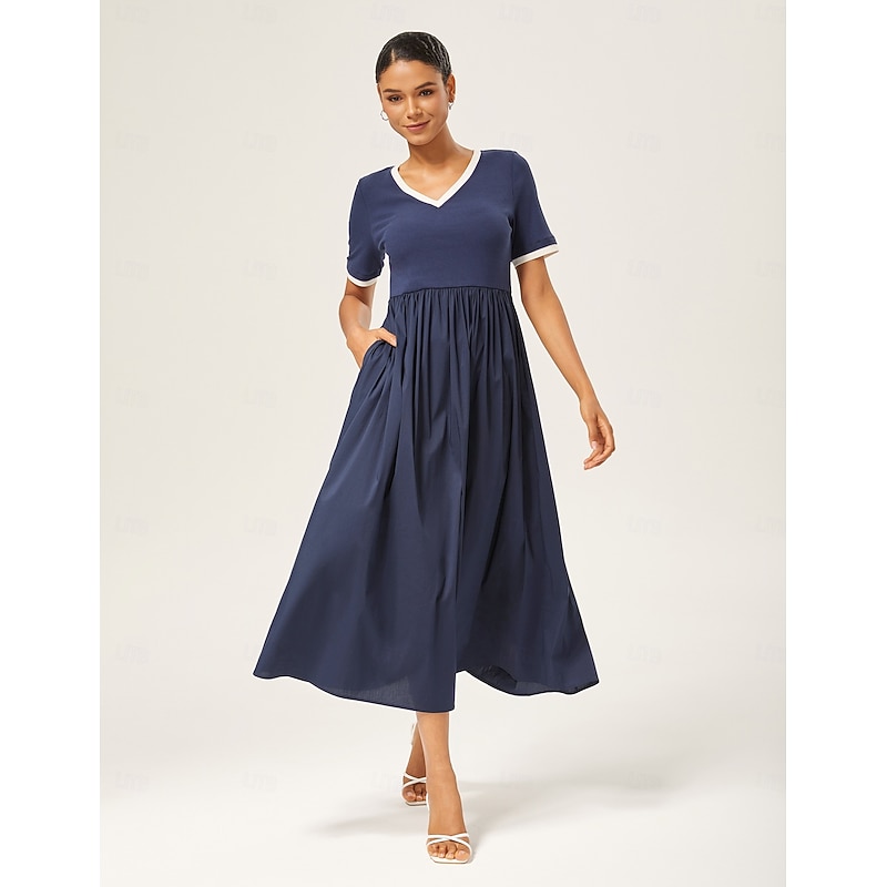 Navy Blue Cotton Knit-Woven Panel Dress3