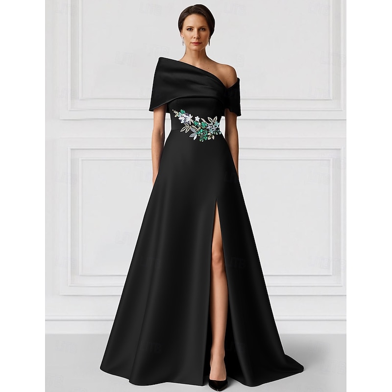 A-Line Evening Gown Elegant Dress Formal Wedding Floor Length Short Sleeve Off ShoulderMother Of the Bride Dress Satin with Glitter Pocket2