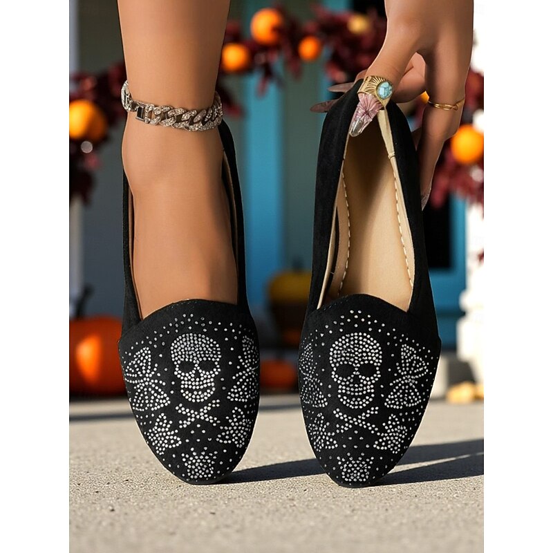 Women's Black Suede Skull Loafers – Rhinestone Embellished Gothic Slip-On Flats, Punk Rock Style Comfortable Shoes for Halloween Parties, Concerts, and Casual Outings3
