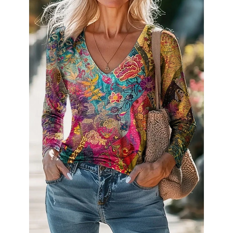 Women's Blouse Floral Daily Stylish Long Sleeve V Neck Regular Tops Daily Holiday Print Navy Blue Royal Blue Blue Purple Fuchsia Summer Spring Fall2