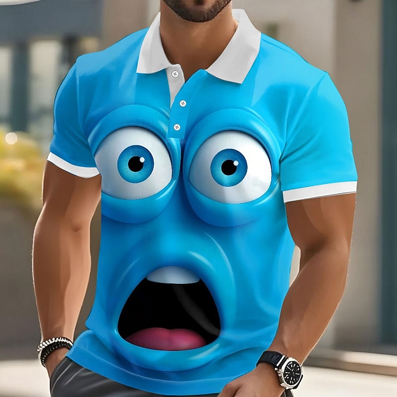 Men's Cartoon Funny Smile Face Polo Short Sleeve Polo Shirts Lapel Ugly Casual Resort Outdoor Street Gift Athleisure 3D Print Buttons Summer Light Green Blue Green