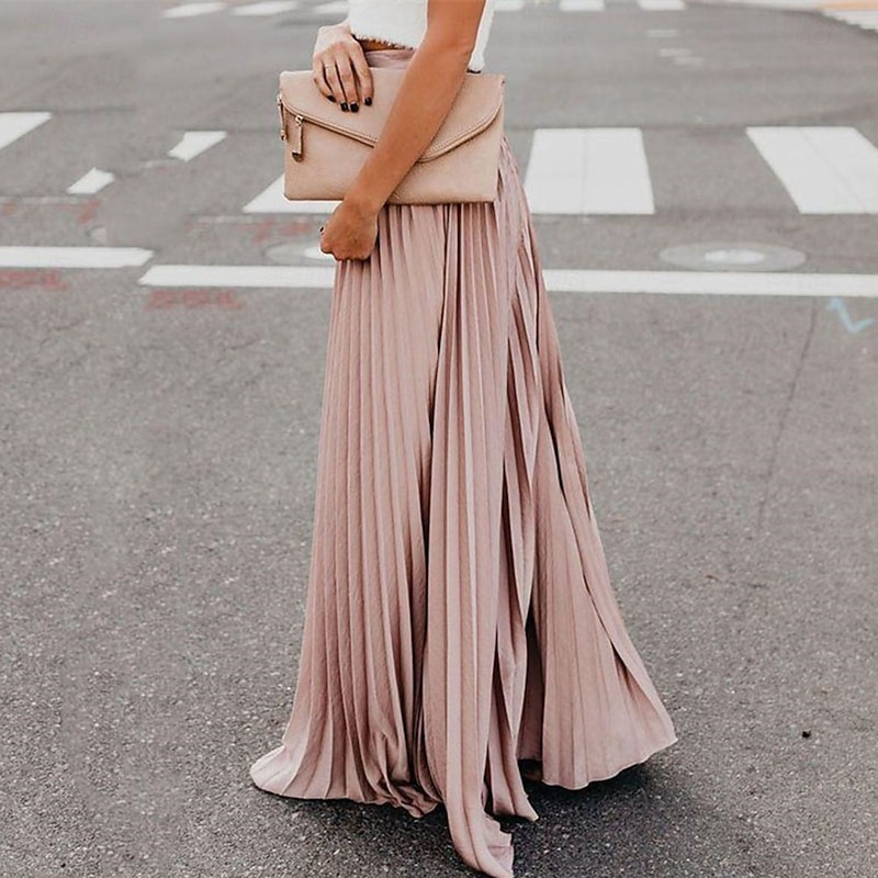 Women's Skirt Fashion Maxi High Waist Skirts Plain Pleated Micro-elastic Casual Daily Black Pink Red Green Summer Polyester4