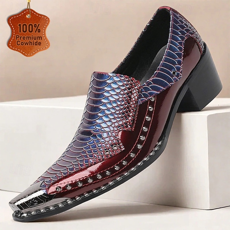Men's Burgundy and Blue Crocodile-Texture Loafers Luxury Leather Dress Shoes for Fashionable Men at Formal Events and Evenings Out