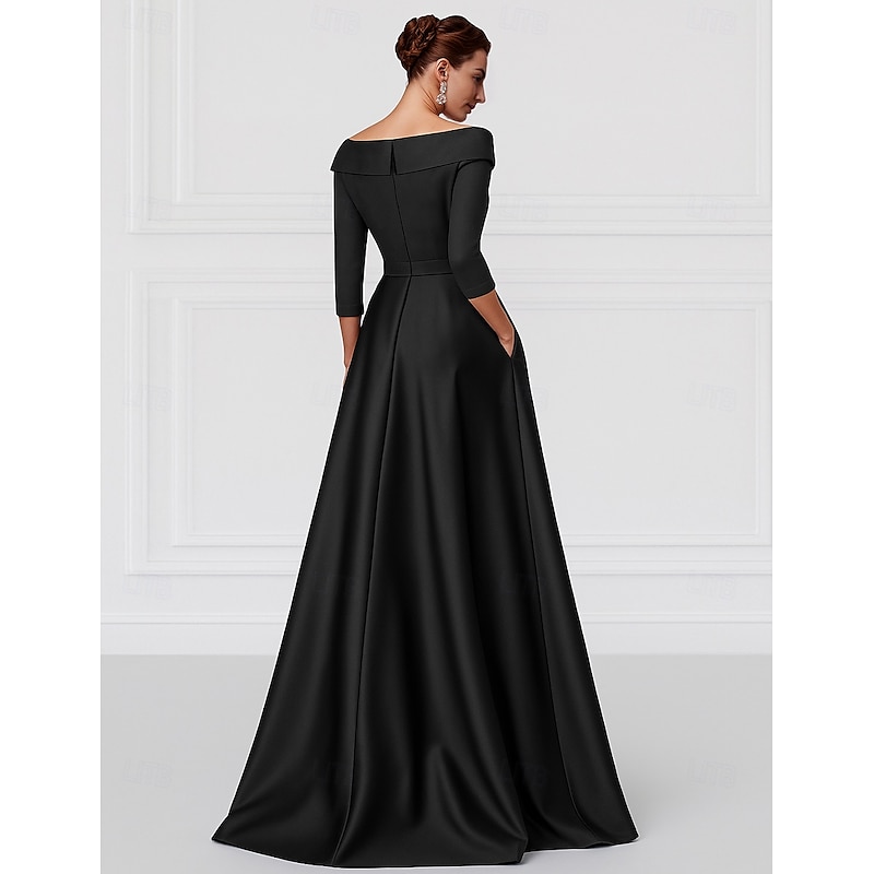 Black Gold A-Line Evening Gown Elegant Gown Formal Wedding Guest Floor Length 3/4 Length Sleeve Shirt Collar Pocket Stretch Satin with Shouder Flower4
