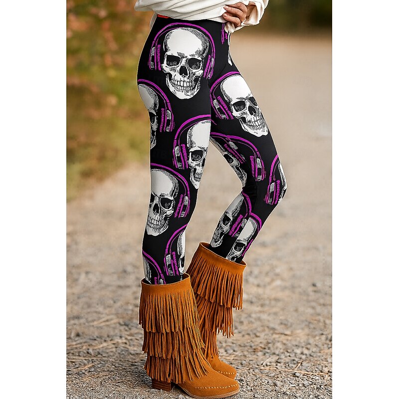 Women's Leggings Vacation Vintage Ethnic Style Ankle-Length High WaistPantsHalloween Skull 3D Print Quick Dry Breathability Soft Stretchy Formal Outdoor Vacation Red Purple Orange Green Fall Regular2