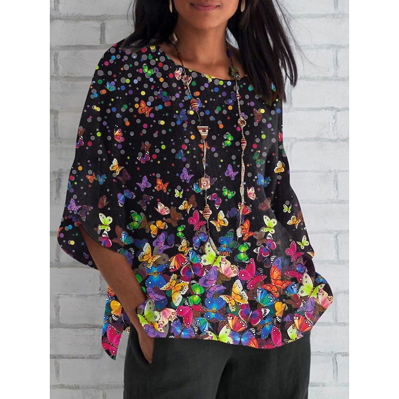 Women's Shirt Graphic Butterfly Color Gradient Daily Casual 3/4 Length Sleeve Crew Neck Regular Tops Daily Holiday Print Black Blue Purple Green Summer Spring Fall2