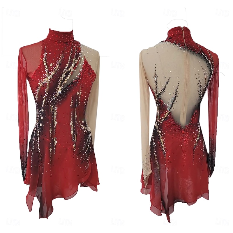 Figure Skating Dress Women's Girls' Ice Skating Dress Black+Red Thumbhole Halo Dyeing High Elasticity Professional Competition Skating Wear Thermal Warm Crystal / Rhinestone Long Sleeve Ice Skating