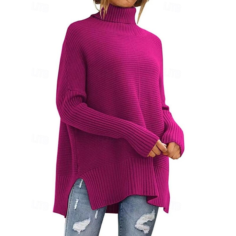 Women's Sweater Pullover Casual Soft Solid Color Ribbed Turtleneck Knitted Split Long Sleeve Regular Tops Knit Outdoor Daily Holiday Wine Red Fuchsia Fall Winter4