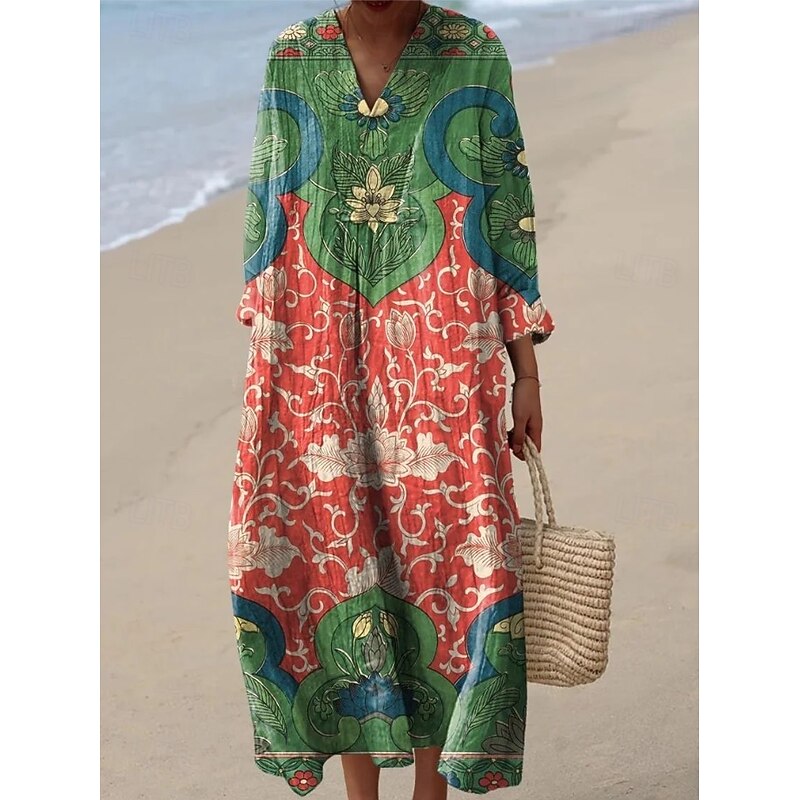 Women's Midi Dress V Neck Long Sleeve Kaftan Lightweight Loose Fit A Line Dress Casual Going out Loose Fit Floral Graphic Paisley Long Sleeve V Neck Light Blue Navy Black Orange Fall