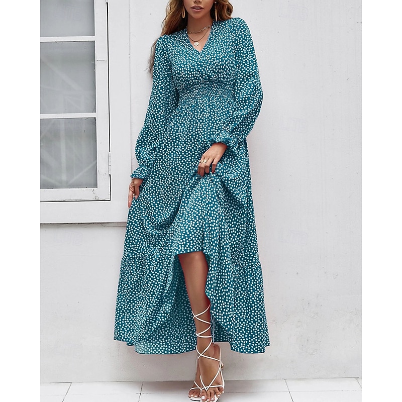 Women's Long Dress Maxi Dress Casual Dress Print Dress Fashion Modern Daily Beach Weekend Regular Fit Flower Long Sleeve V Neck Black Red Blue Green Summer Spring Fall
