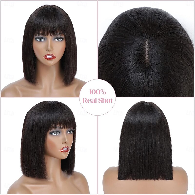 Silky Straight Human Hair Wigs with Bangs None Lace Front Wigs 100% Unprocessed Virgin Human Hair Wigs Machine Made Glueless Wigs2