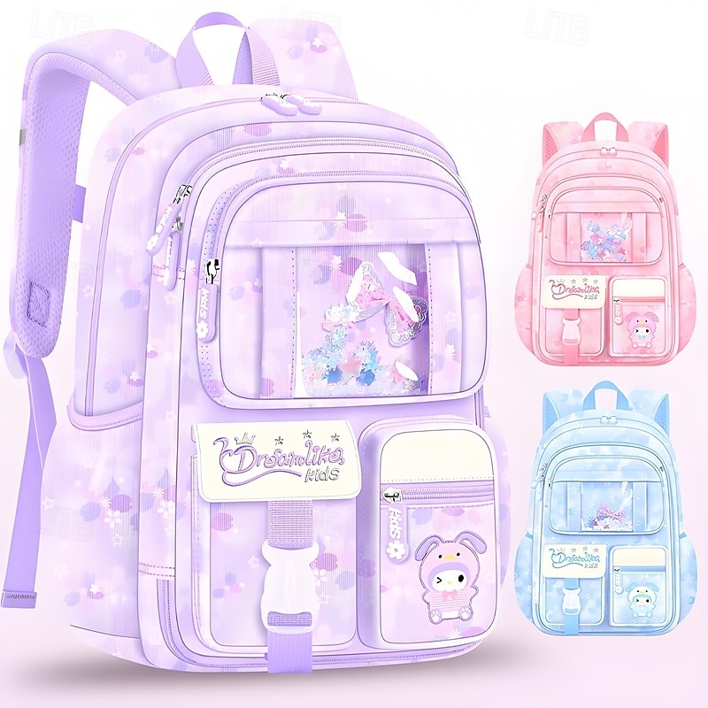 Girls' Cute Cartoon Backpack – Dreamlike Kids School Bag with Bunny Print and Multiple Pockets for Elementary Students