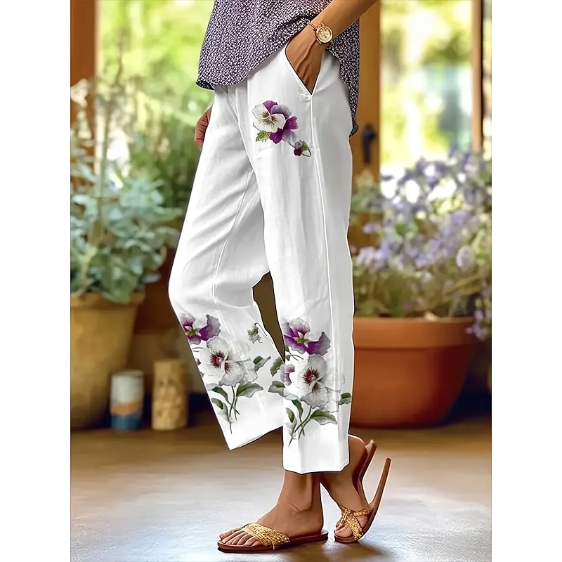 Women's Chinos Vacation Vintage Casual Ankle-Length High Waist Floral Graphic Pocket Soft Outdoor Breathable Inelastic Outdoor Vacation Street White / Green Lilac Summer Spring Fall Regular Fit - Main Image