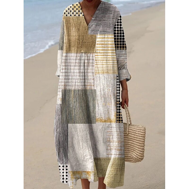 Women's Midi Dress V Neck Long Sleeve Kaftan Lightweight Loose Fit A Line Dress Casual Boho Going out Graphic Geometric Stripe Long Sleeve V Neck Ash Black Yellow Pink3