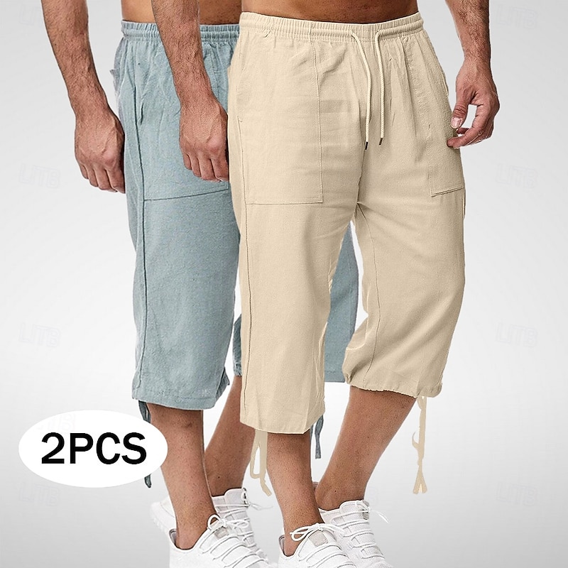 Men's Capri Pants Shorts Linen Shorts Summer Shorts Beach Shorts Pocket Elastic Waist Drawstring Plain Soft Breathable Calf-Length Outdoor Sports Outdoor Casual Vacation Classic Style Khaki+Black
