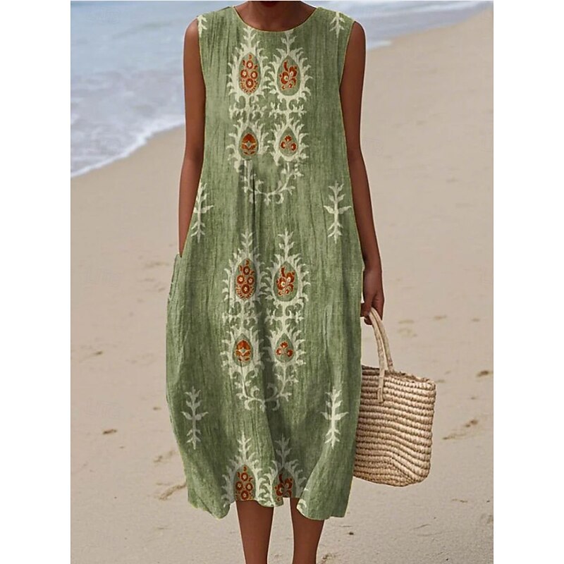 Women's Midi Dress Sundress Shift Dress A Line Dress Vacation Casual Boho Going out Beach Loose Fit Floral Graphic Geometric Sleeveless Crewneck Pink Red Blue Orange Summer Spring