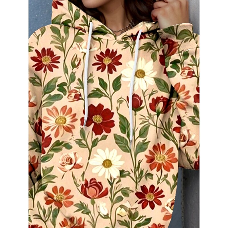 Women's Hoodie Pullover Sweatshirt Oversized Long Sleeve Casual Graphic Floral Warm Active Hooded Regular Tops Street Dailywear Print Maroon Spring Fall Winter2