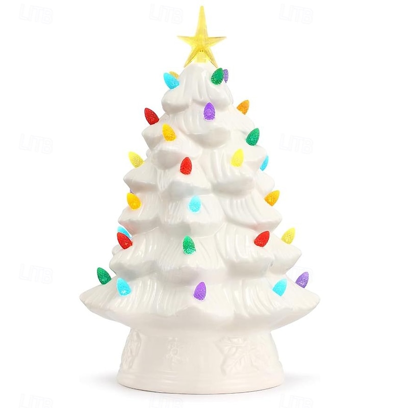 Ceramic Christmas Tree, Lighted Tabletop Santa Claus Christmas Tree with Multicolored Lights and Star, Prelit Battery Operated Vintage Ceramic Tree for Office Table Holiday Decorations4