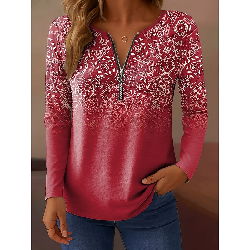 Women's T shirt Long Sleeve Quarter Zip Long Sleeve Casual Ombre Graphic Paisley Elegant Vintage Stylish V Neck Regular Tops Daily Red Blue Purple Green Khaki Spring Fall Prefall